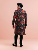 Men's Black Silk Blend with Red and Green Floral Printed Festive Kurta