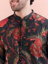 Men's Black Silk Blend with Red and Green Floral Printed Festive Kurta