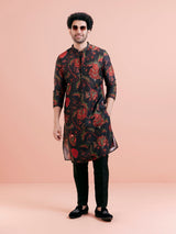 Men's Black Silk Blend with Red and Green Floral Printed Festive Kurta