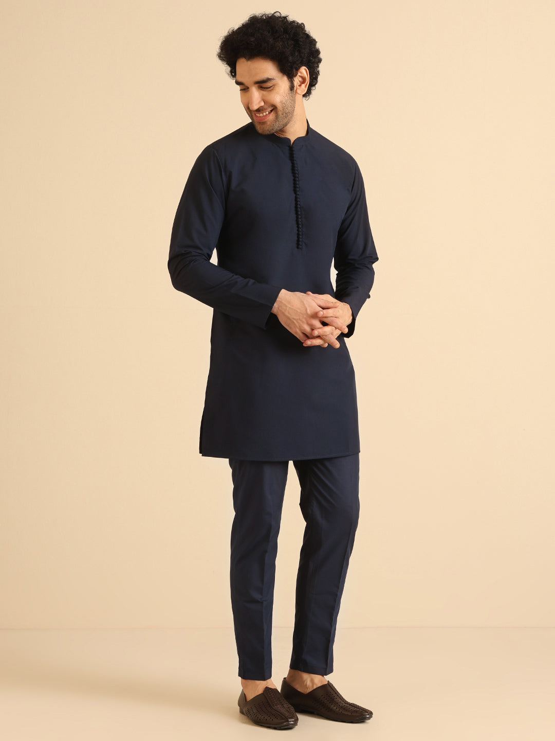 Men's Navy Blue Festive Solid Kurta