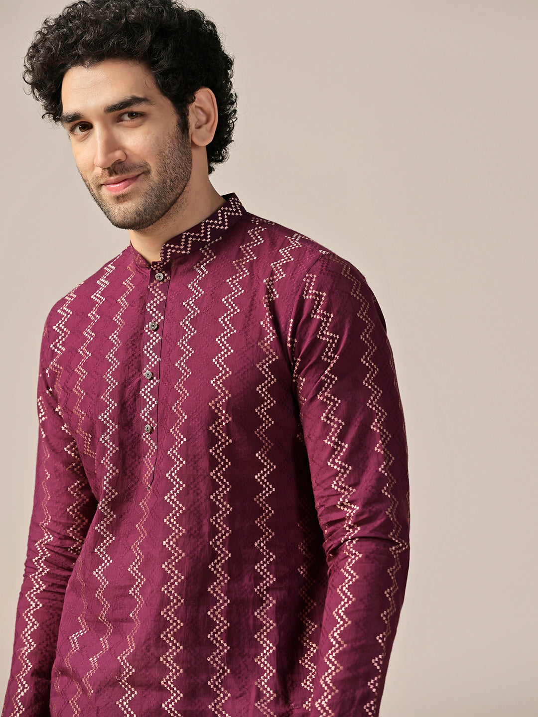 Men's Magenta Chevron Festive Textured Kurta