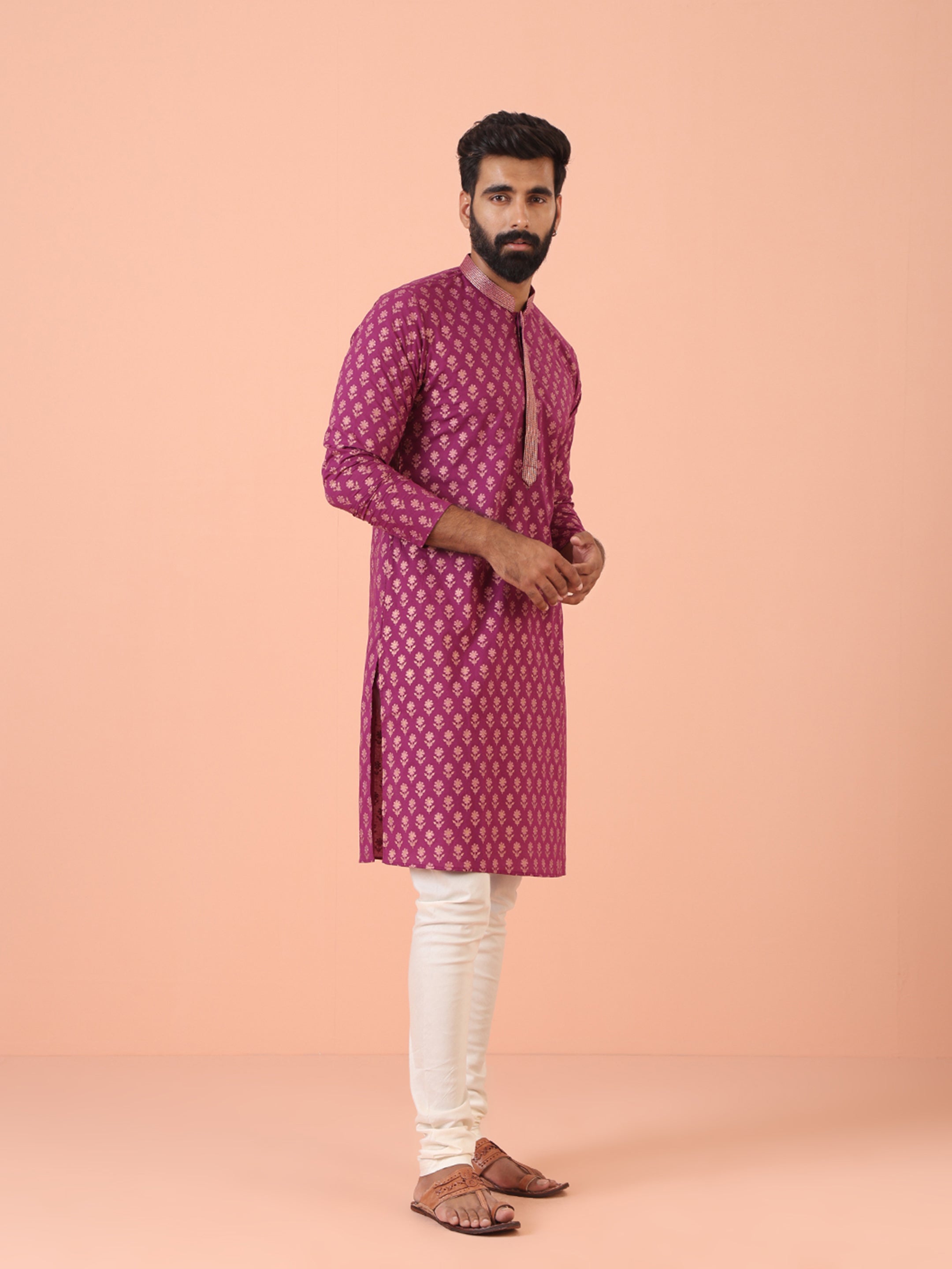 Men's Pink Festive Floral Regular Fit Kurta