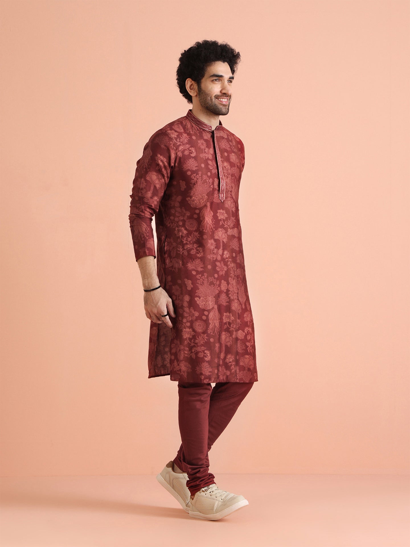 Men's Maroon Floral Festive Printed Kurta