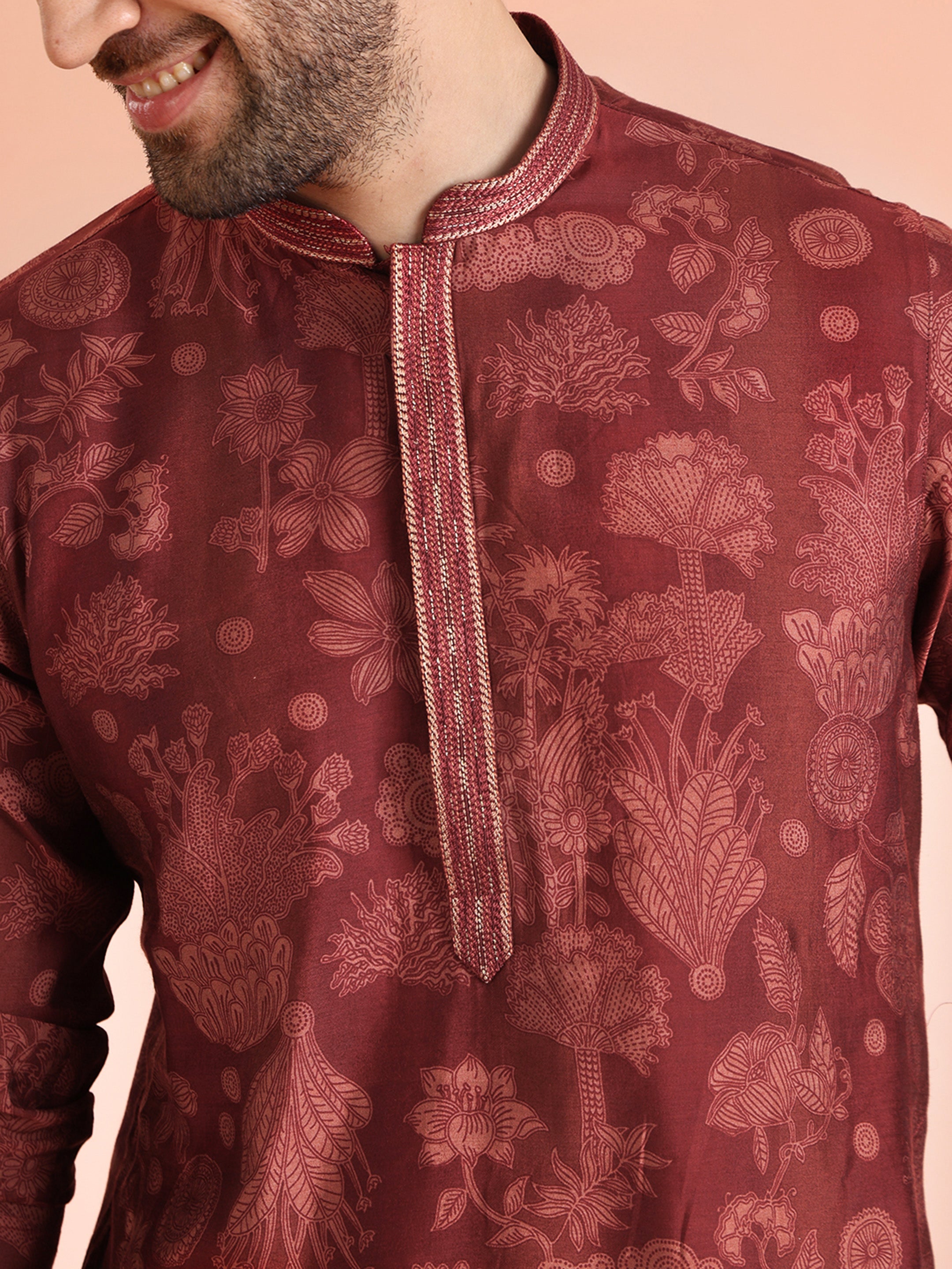 Men's Maroon Floral Festive Printed Kurta