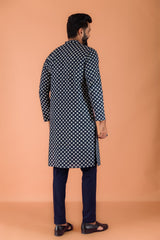 Men's Navy Blue Tie & Dye Festive Printed Kurta