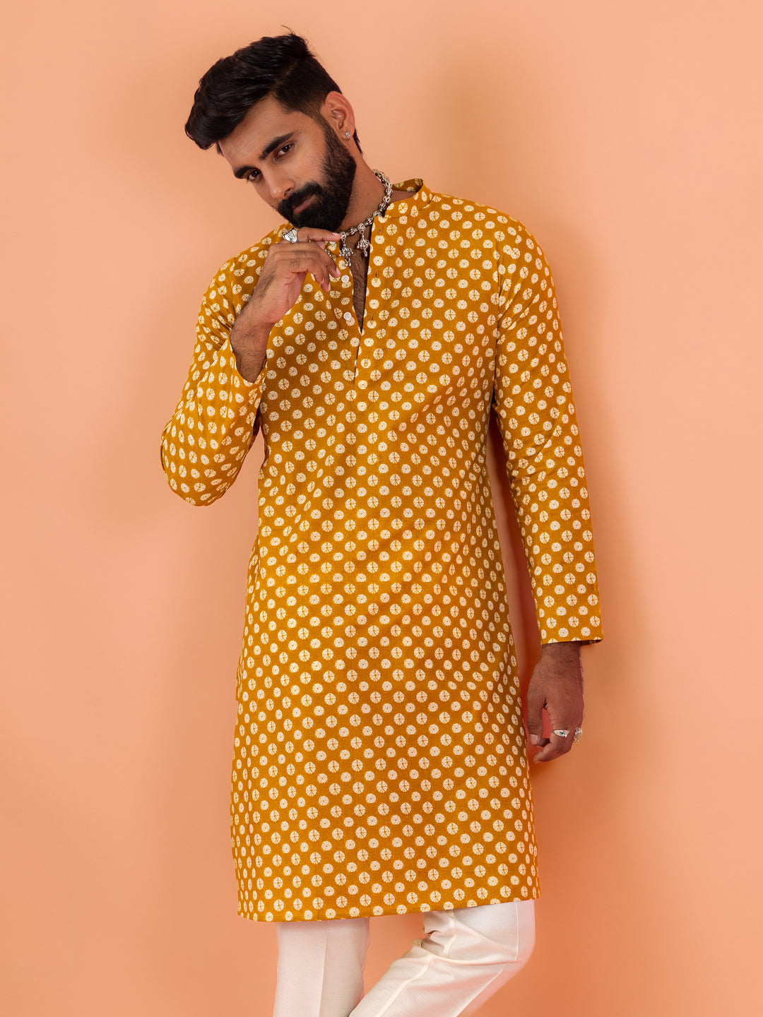 Men's Mustard Tie & Dye Festive Printed Kurta
