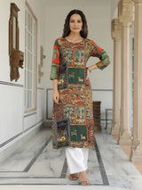 Women's Multicolor Daily Printed Knee Length Three Quarter Sleeves Kurta