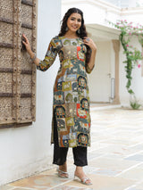 Women's Green Daily Printed Knee Length Three Quarter Sleeves Kurta