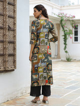 Women's Green Daily Printed Knee Length Three Quarter Sleeves Kurta