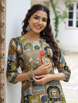 Women's Green Daily Printed Knee Length Three Quarter Sleeves Kurta