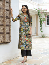 Women's Green Daily Printed Knee Length Three Quarter Sleeves Kurta