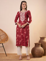 Women's Red Daily Calf Length Three Quarter Sleeves Kurta