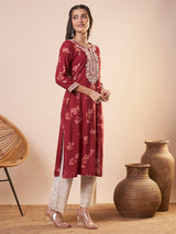 Women's Red Daily Calf Length Three Quarter Sleeves Kurta