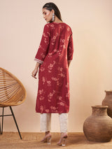 Women's Red Daily Calf Length Three Quarter Sleeves Kurta