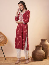 Women's Red Daily Calf Length Three Quarter Sleeves Kurta