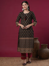 Women's Black Daily Printed Knee Length Three Quarter Sleeves Kurta