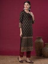 Women's Black Daily Printed Knee Length Three Quarter Sleeves Kurta