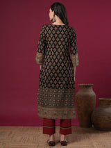 Women's Black Daily Printed Knee Length Three Quarter Sleeves Kurta