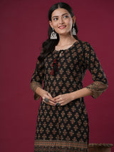 Women's Black Daily Printed Knee Length Three Quarter Sleeves Kurta