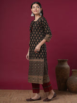 Women's Black Daily Printed Knee Length Three Quarter Sleeves Kurta