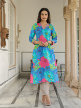 Women's Multicolor Daily Printed Calf Length Three Quarter Sleeves Kurta