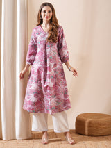 Women's Pink Daily Printed Calf Length Three Quarter Sleeves Kurta