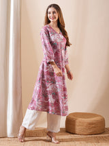 Women's Pink Daily Printed Calf Length Three Quarter Sleeves Kurta