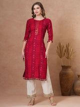Women's Red Daily Embroidered Knee Length Three Quarter Sleeves Kurta