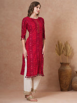 Women's Red Daily Embroidered Knee Length Three Quarter Sleeves Kurta