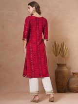 Women's Red Daily Embroidered Knee Length Three Quarter Sleeves Kurta