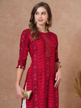 Women's Red Daily Embroidered Knee Length Three Quarter Sleeves Kurta