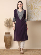 Women's Purple Daily Knee Length Three Quarter Sleeves Kurta