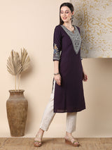 Women's Purple Daily Knee Length Three Quarter Sleeves Kurta