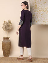Women's Purple Daily Knee Length Three Quarter Sleeves Kurta