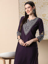 Women's Purple Daily Knee Length Three Quarter Sleeves Kurta