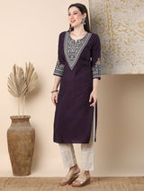 Women's Purple Daily Knee Length Three Quarter Sleeves Kurta