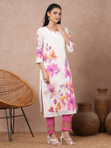 Women's White Daily Printed Knee Length Three Quarter Sleeves Kurta