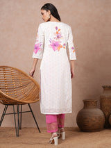 Women's White Daily Printed Knee Length Three Quarter Sleeves Kurta
