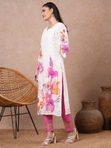 Women's White Daily Printed Knee Length Three Quarter Sleeves Kurta