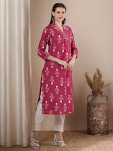 Women's Pink Daily Printed Ankle Length Three Quarter Sleeves Kurta
