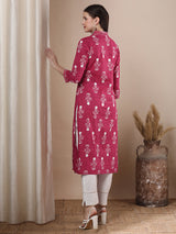 Women's Pink Daily Printed Ankle Length Three Quarter Sleeves Kurta
