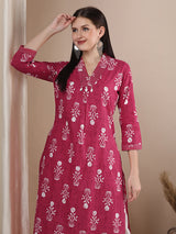 Women's Pink Daily Printed Ankle Length Three Quarter Sleeves Kurta