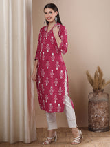 Women's Pink Daily Printed Ankle Length Three Quarter Sleeves Kurta