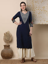 Women's Blue Daily Knee Length Three Quarter Sleeves Kurta