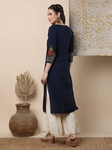 Women's Blue Daily Knee Length Three Quarter Sleeves Kurta
