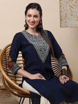 Women's Blue Daily Knee Length Three Quarter Sleeves Kurta