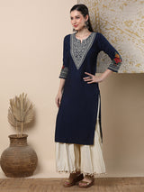 Women's Blue Daily Knee Length Three Quarter Sleeves Kurta
