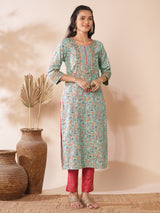 Women's Blue Daily Embroidered Knee Length Three Quarter Sleeves Kurta