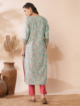 Women's Blue Daily Embroidered Knee Length Three Quarter Sleeves Kurta