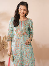 Women's Blue Daily Embroidered Knee Length Three Quarter Sleeves Kurta